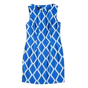 Alyx Sheath Dress Womens 10 Blue White Diamond Print Sleeveless Career Work